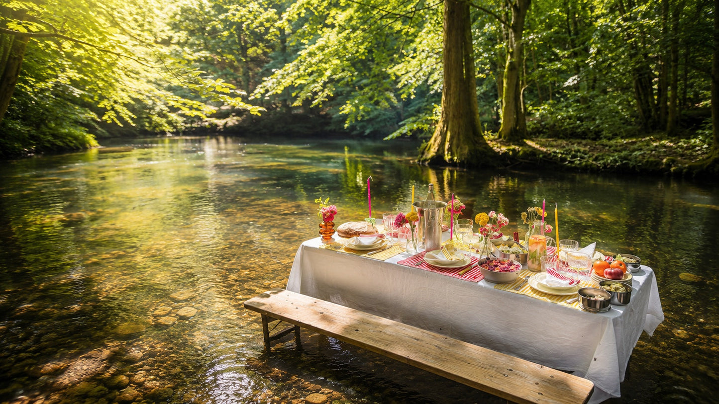 Table d'été dressée au bord de l'eau — WAWW La Table